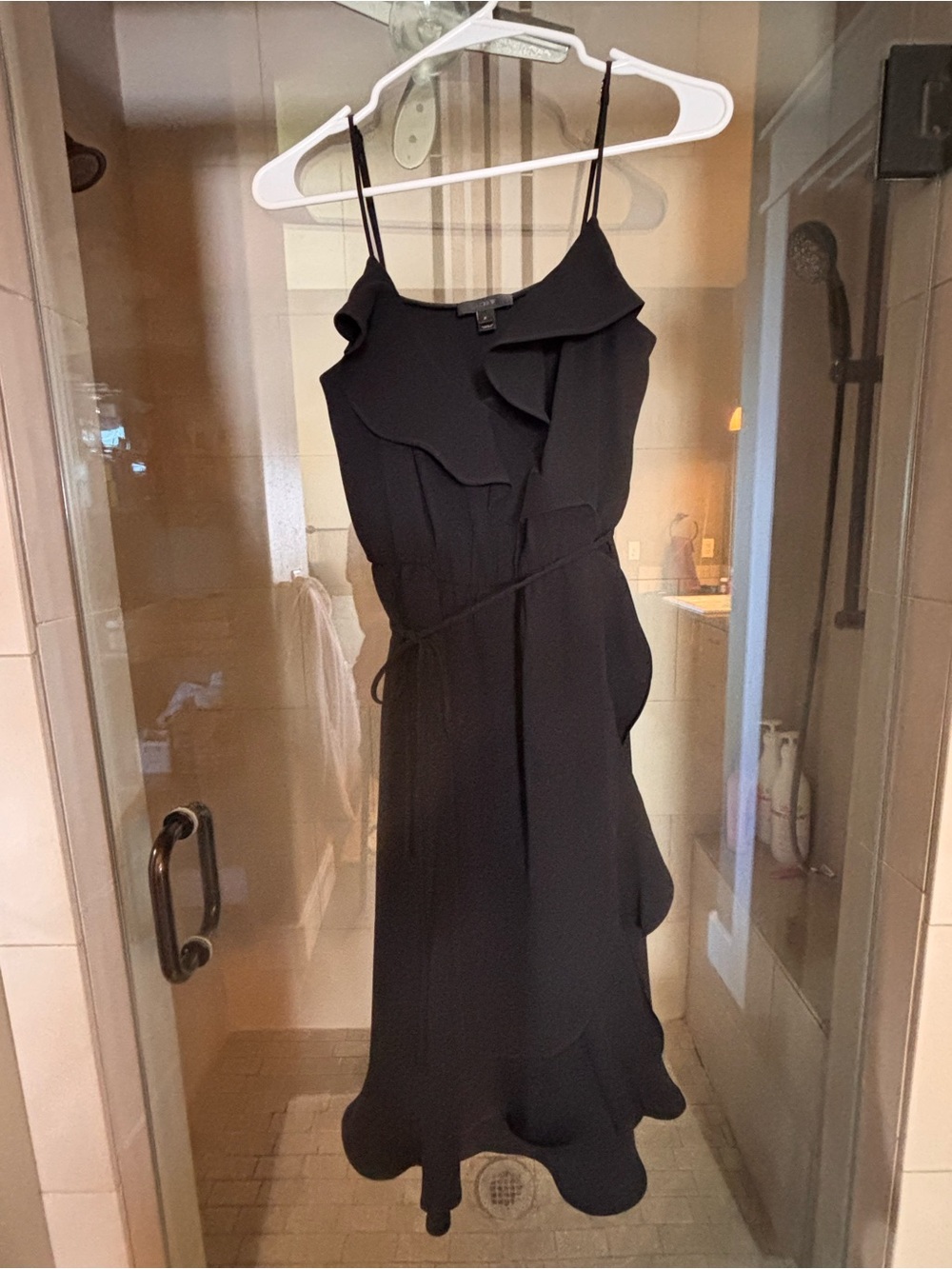 J. Crew Black Ruffle Midi Dress with Waist Tie